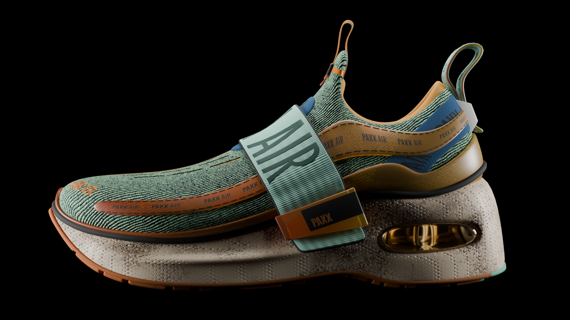 Layered green and orange footwear concept on black
