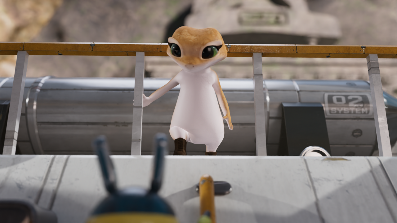Small gecko character standing in front of a robot