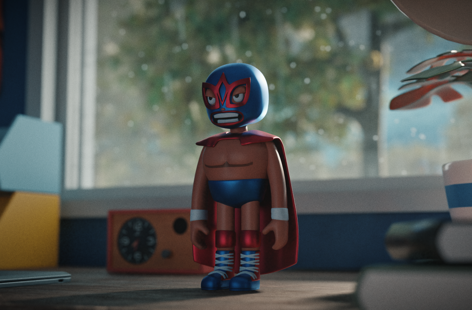Luchador toy in a softly lit bedroom environment