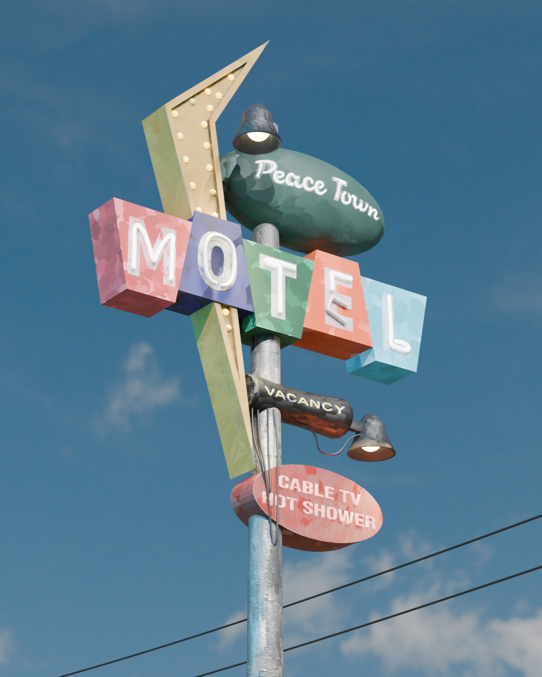 Colourful roadside motel sign against a clear blue sky