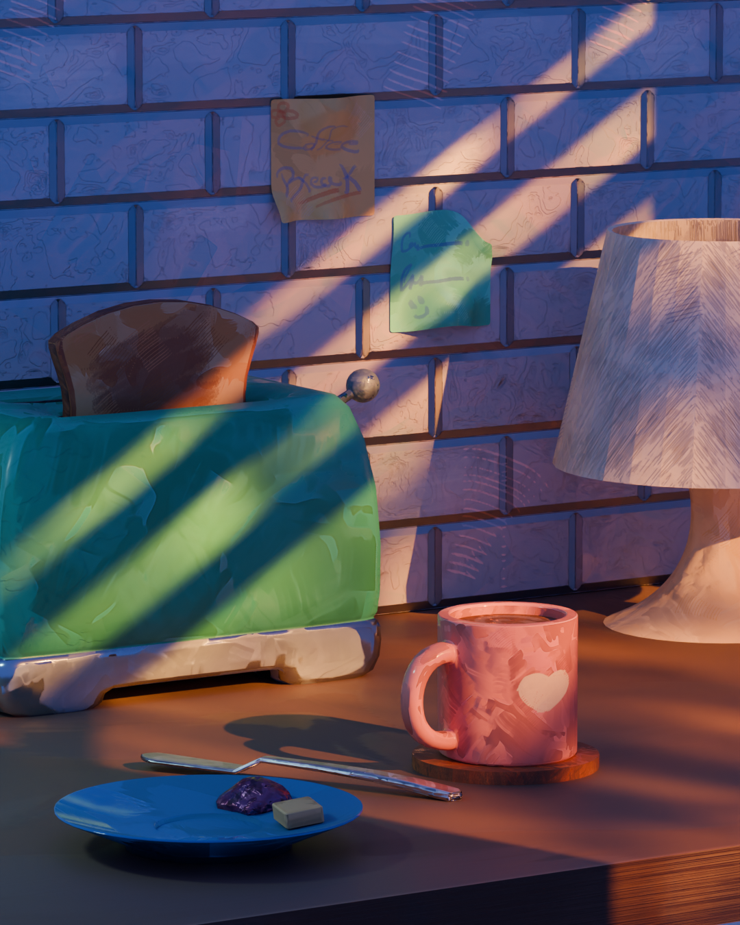 Sunlit desk, mug and plant against a blue brick wall