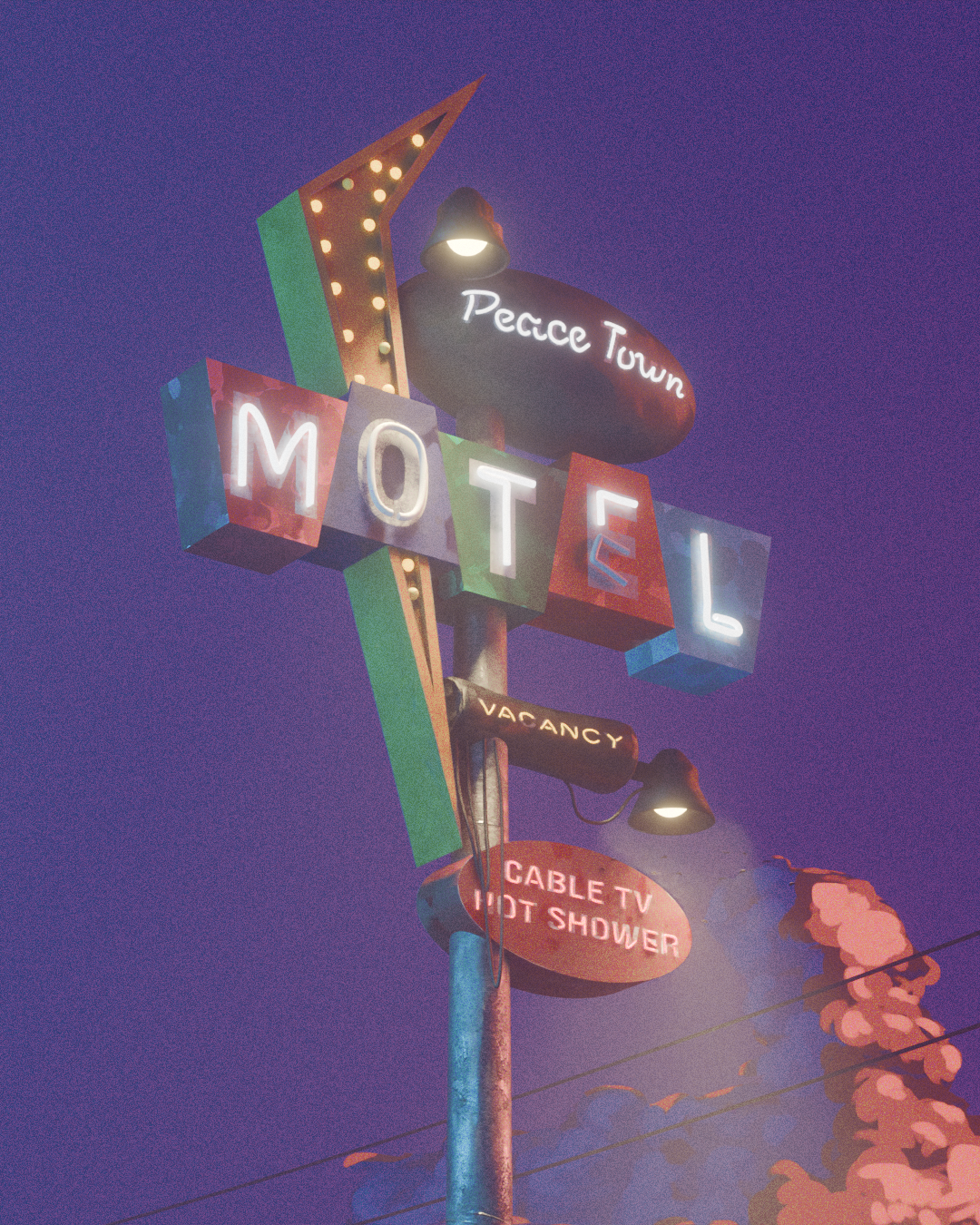 Neon motel sign glowing against a purple night sky