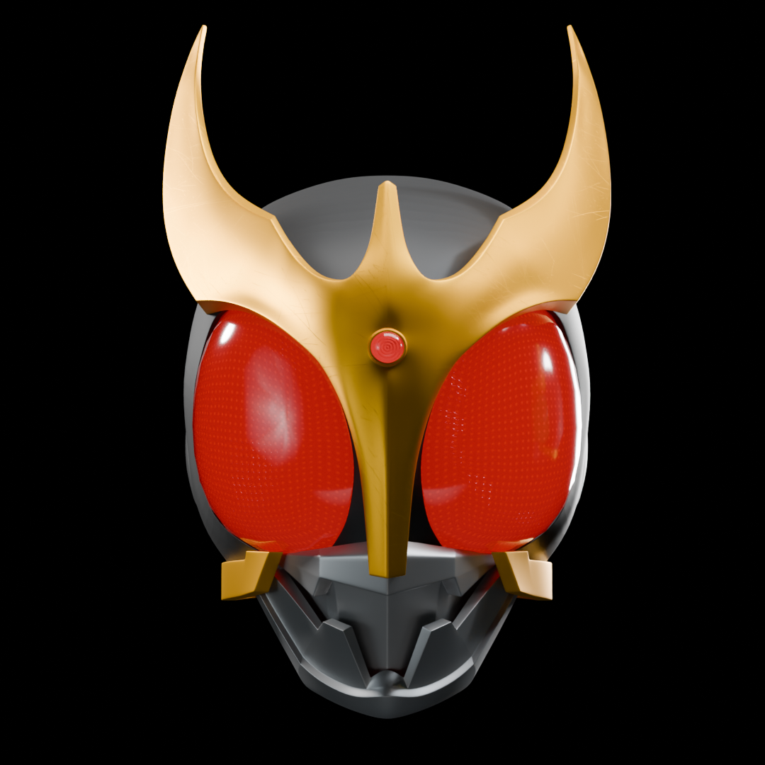 Front view of a stylised Kuuga helmet on black