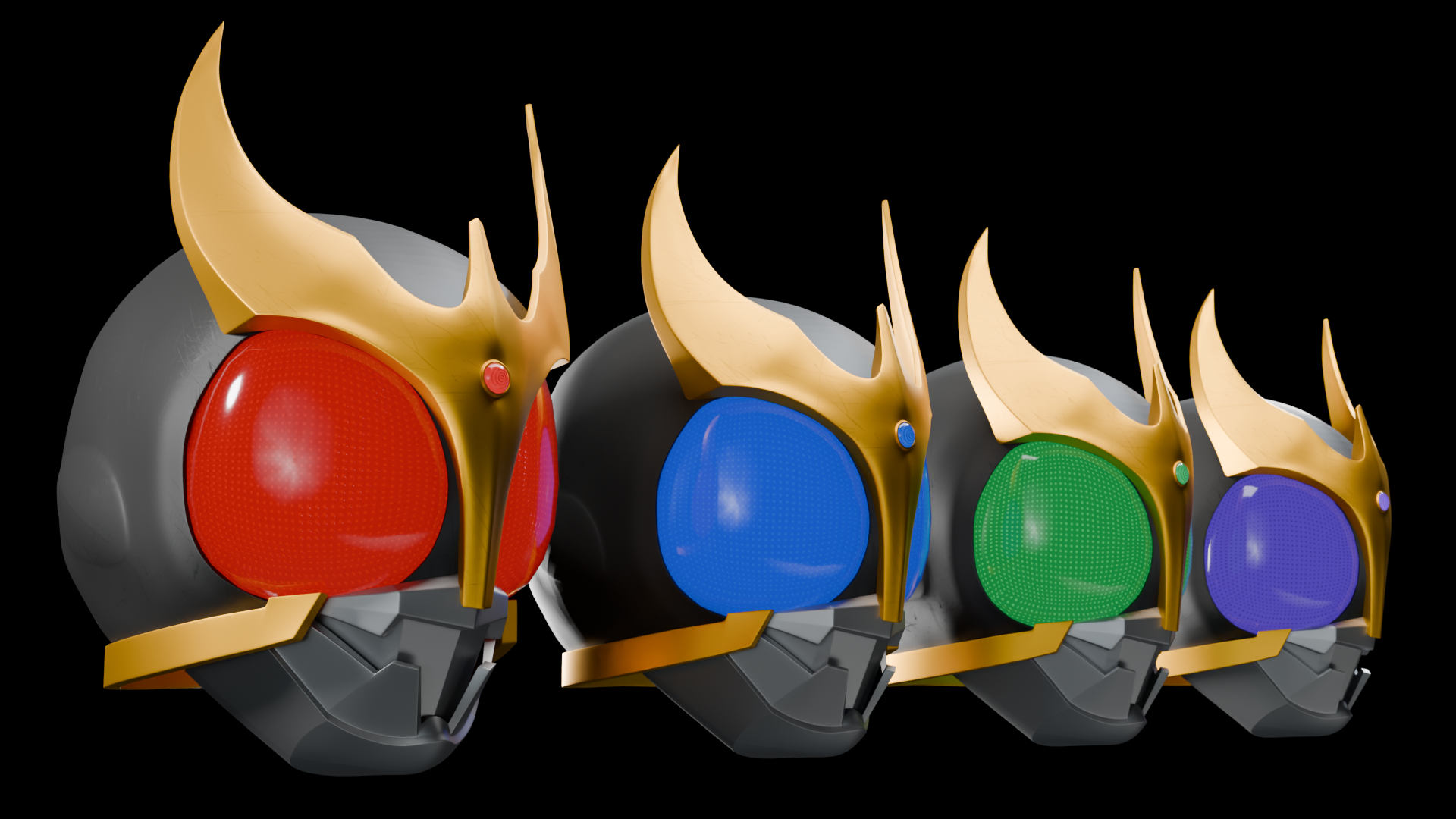 Four colour variants of a stylised Kuuga helmet
