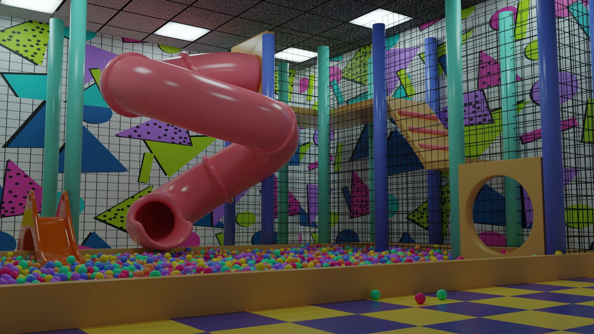 Colourful indoor playground and ball pit environment