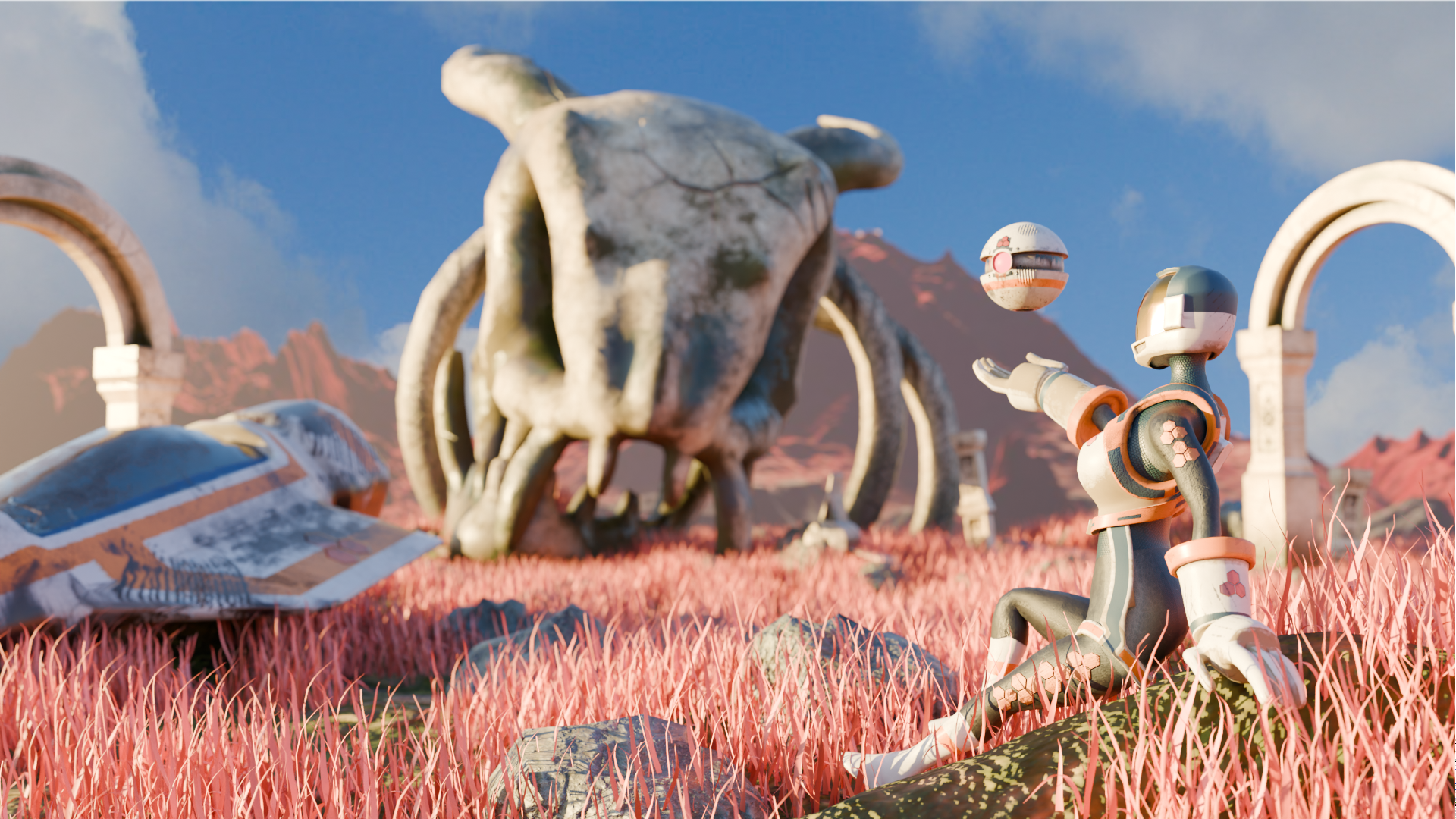 Astronaut in a colourful alien landscape with a giant stone form