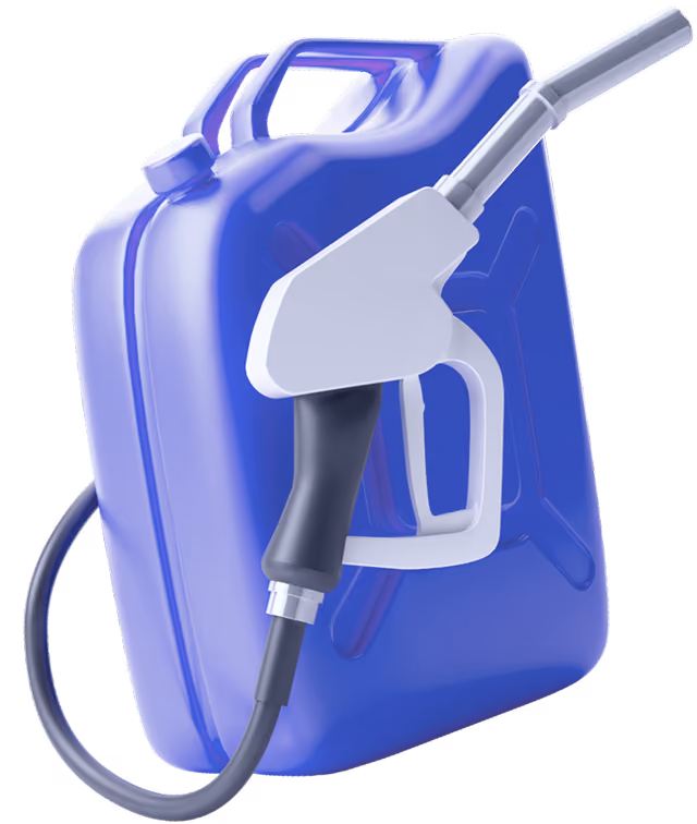 Blue metal gasoline container with a gray fuel pump nozzle and hose attached.