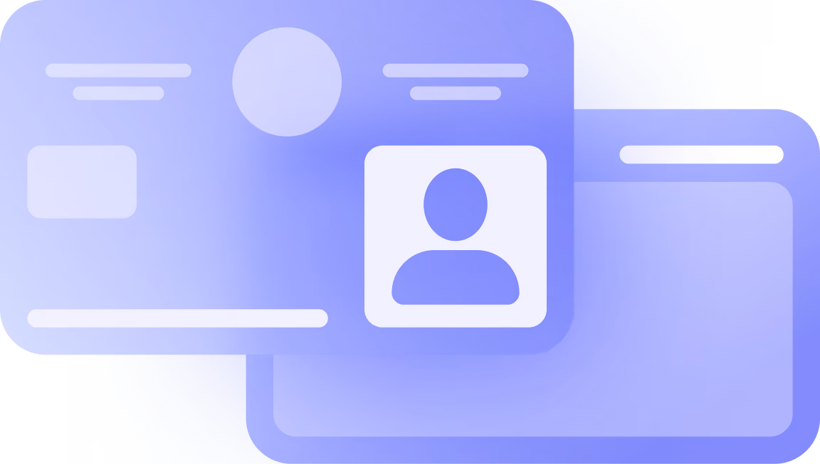 Abstract digital ID cards with profile icon and lines representing text on a blue background.