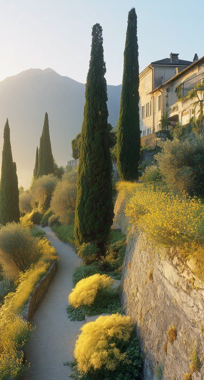 A garden path between cypresses above the lake