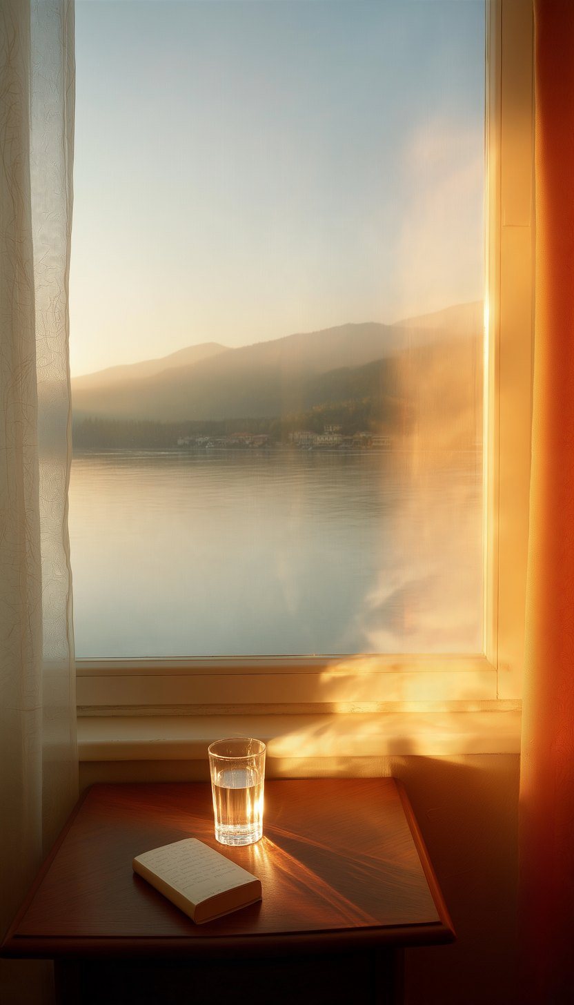 A glass of water and a book by a window on the lake, morning light