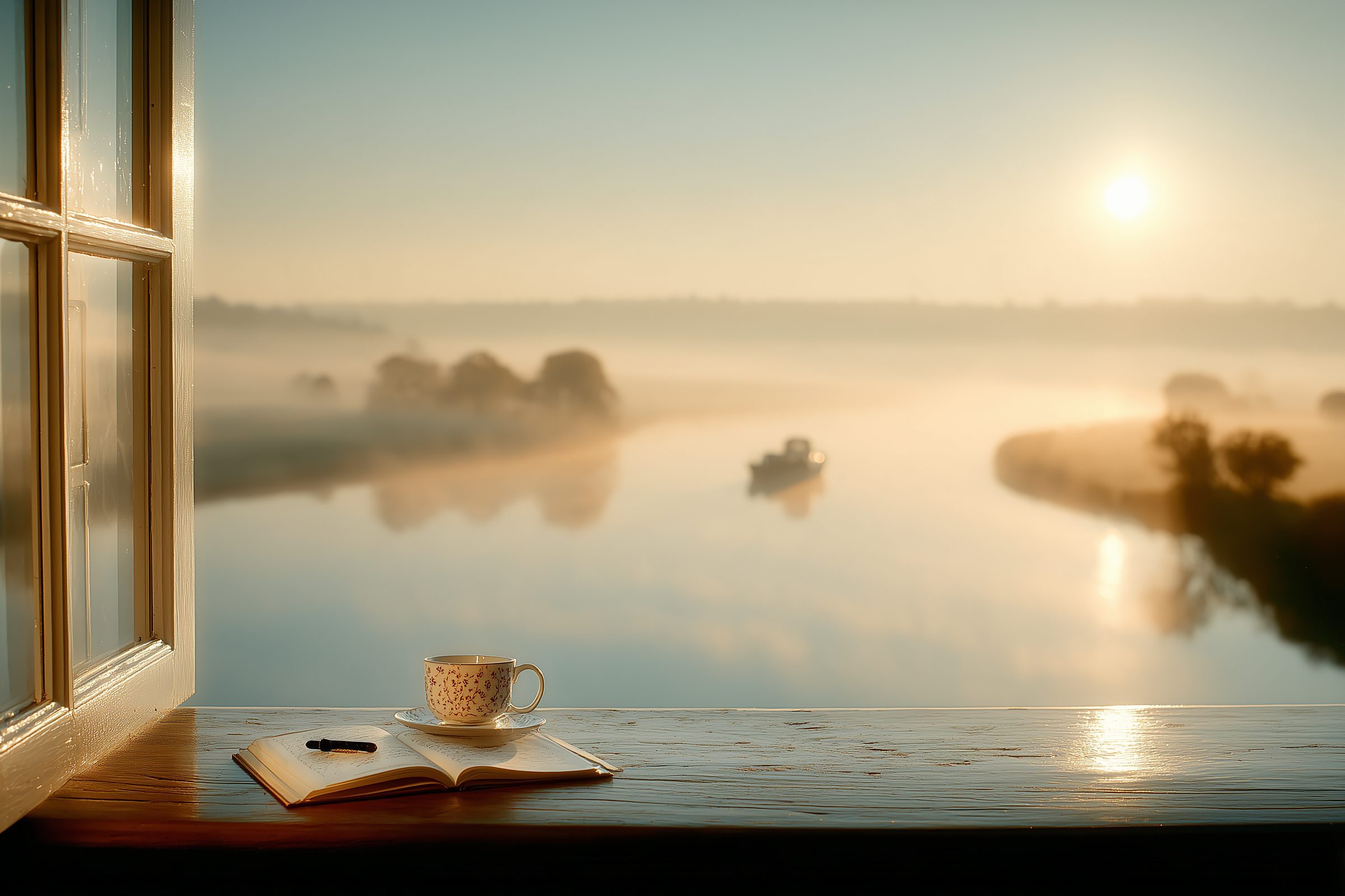 A cup and a book on a windowsill above the water in morning mist