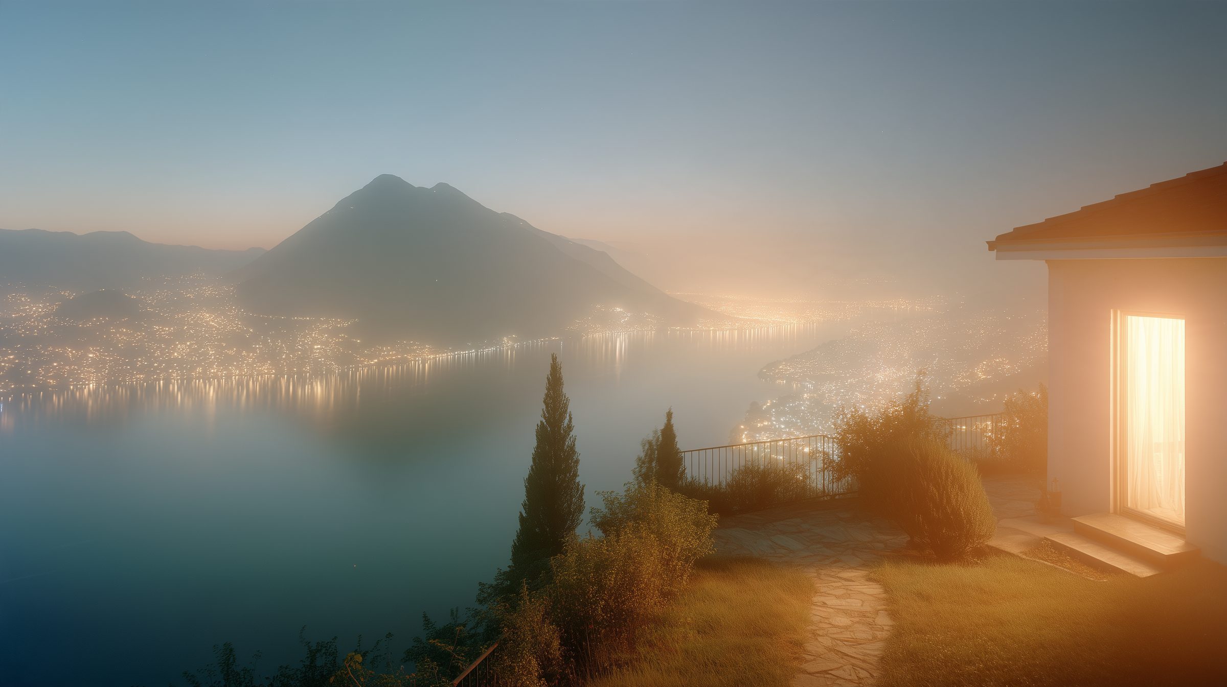 A villa above Lake Lugano at night, one door lit