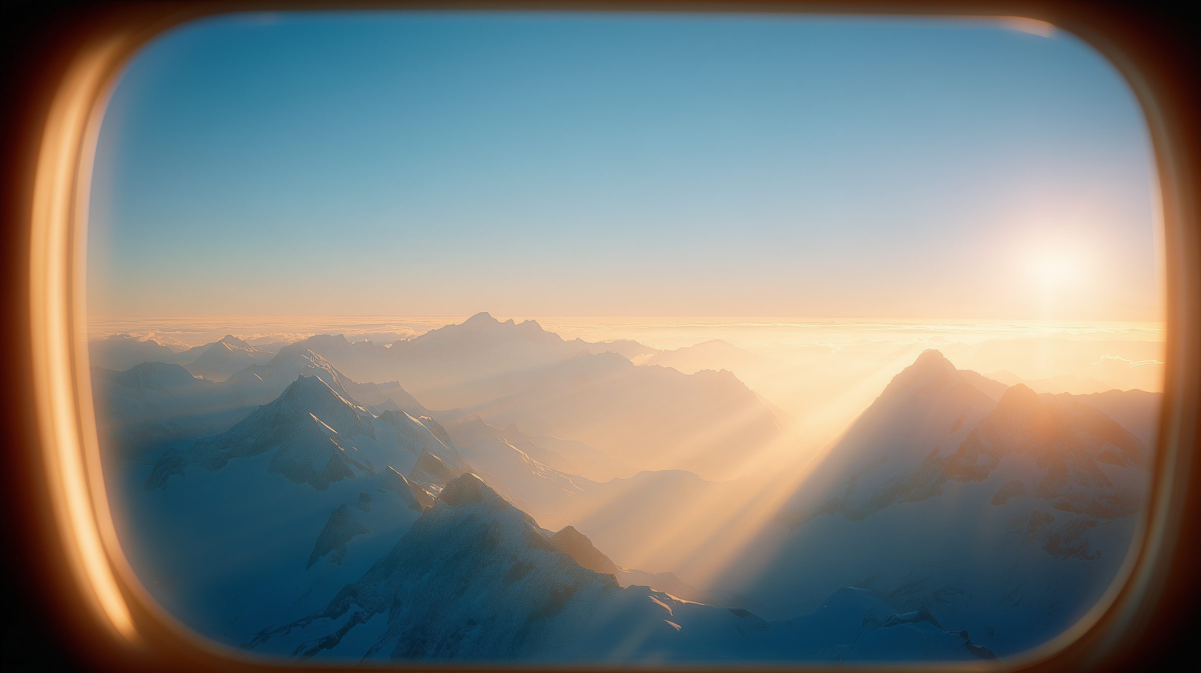 The Alps at dawn from the window of a small aircraft