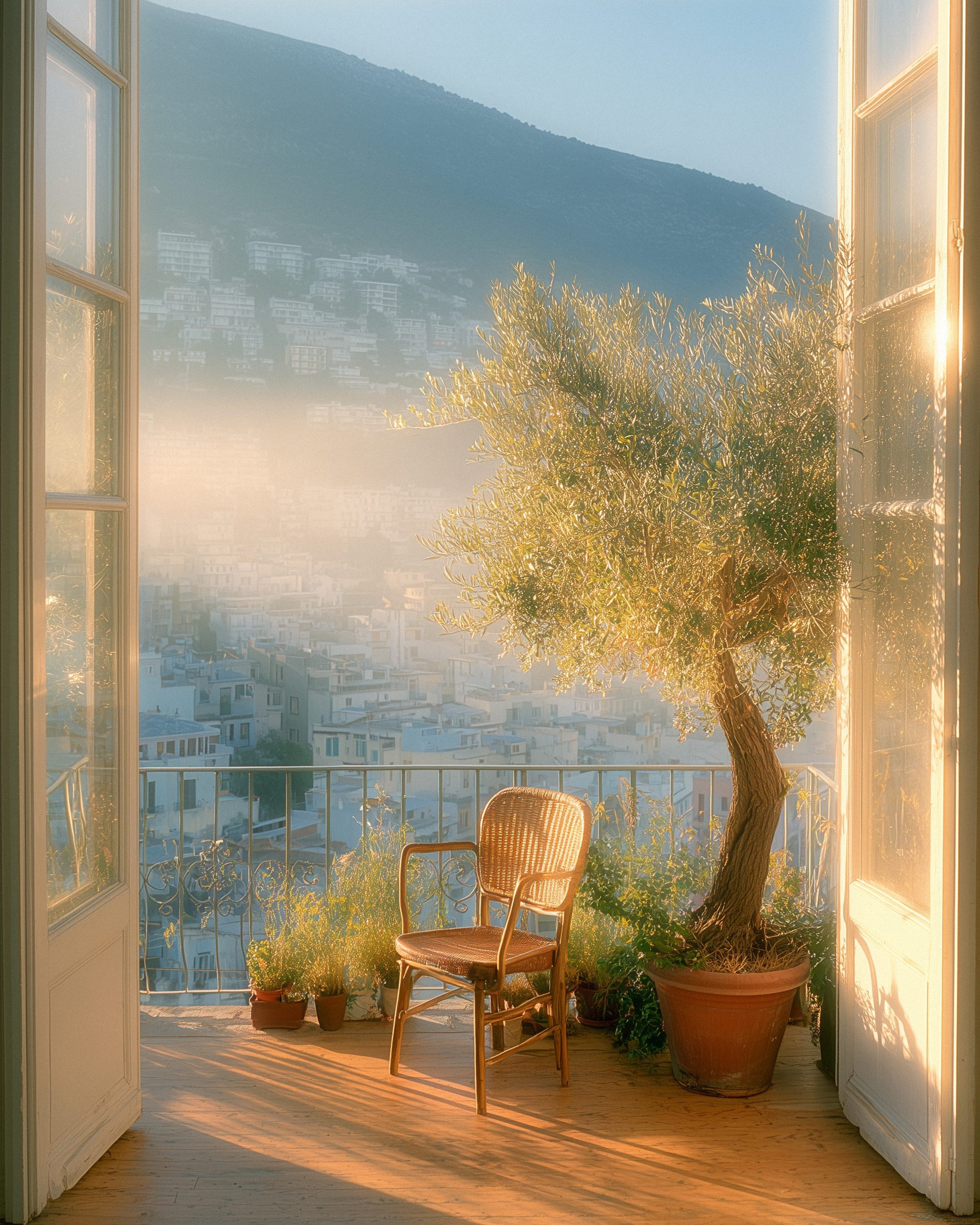 A chair and an olive tree on a balcony above a city in the morning