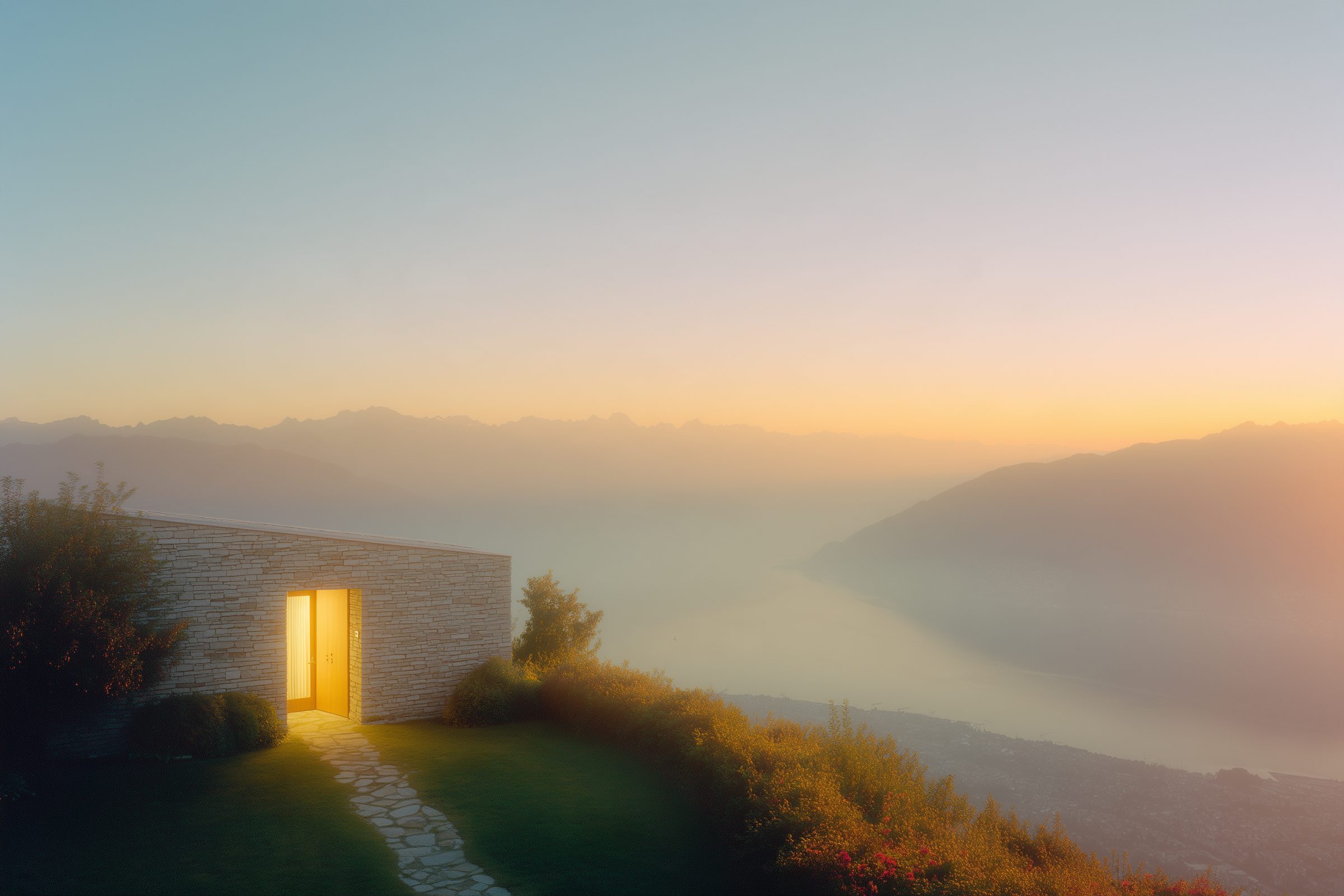 A small stone building with a lit door above the lake
