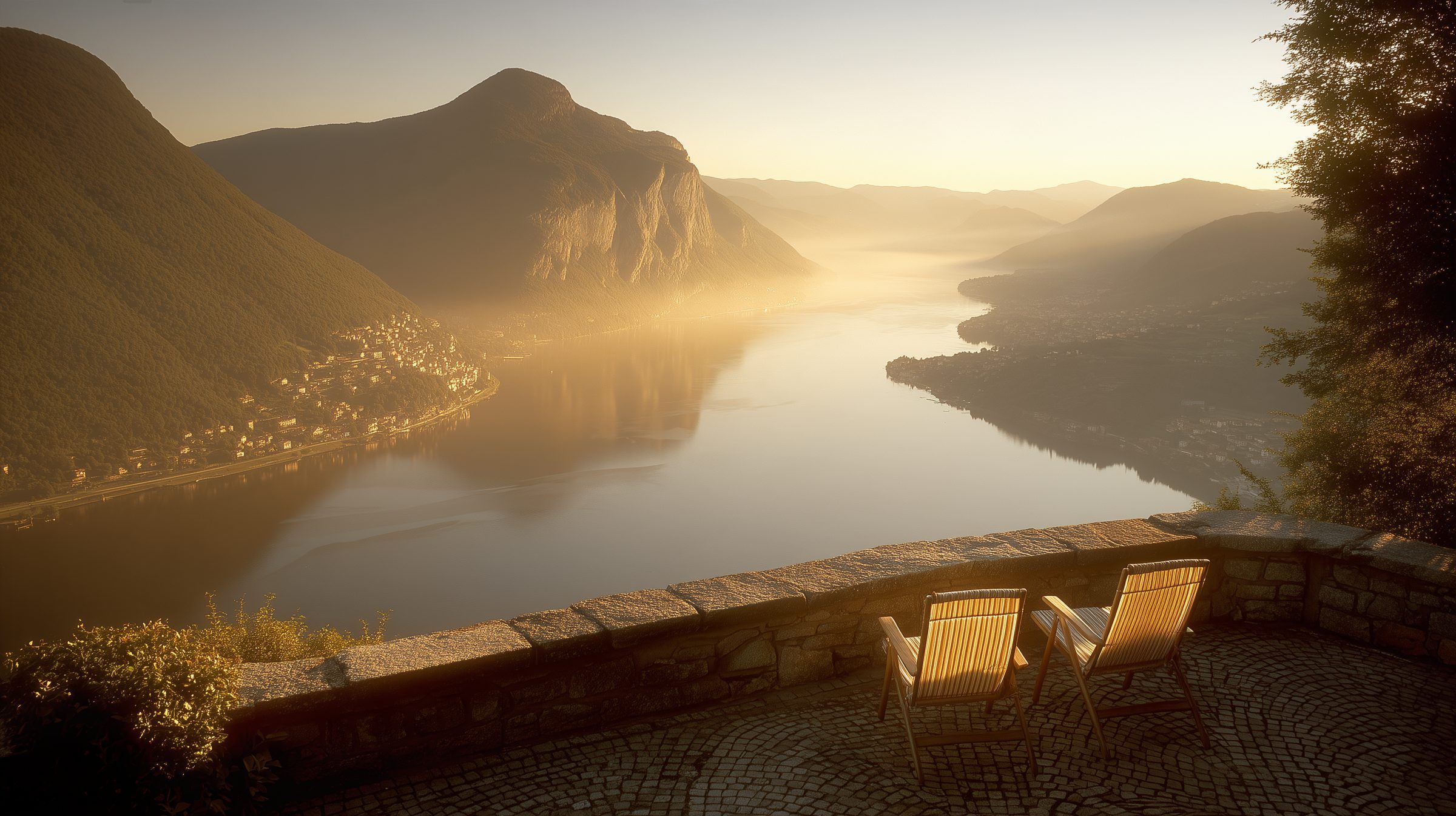 Two chairs on a stone terrace above Lake Lugano at first light