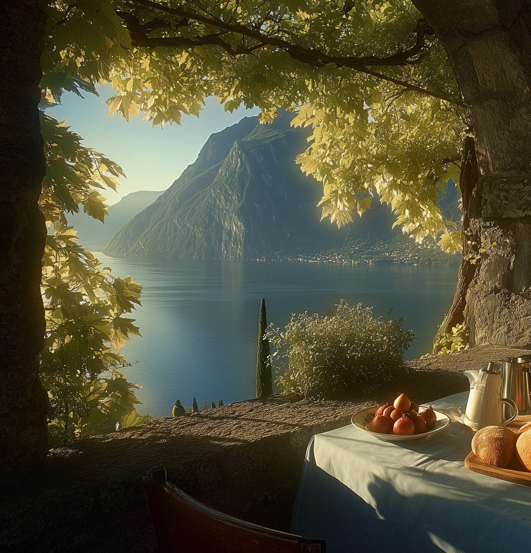 Breakfast under a stone pergola above the lake
