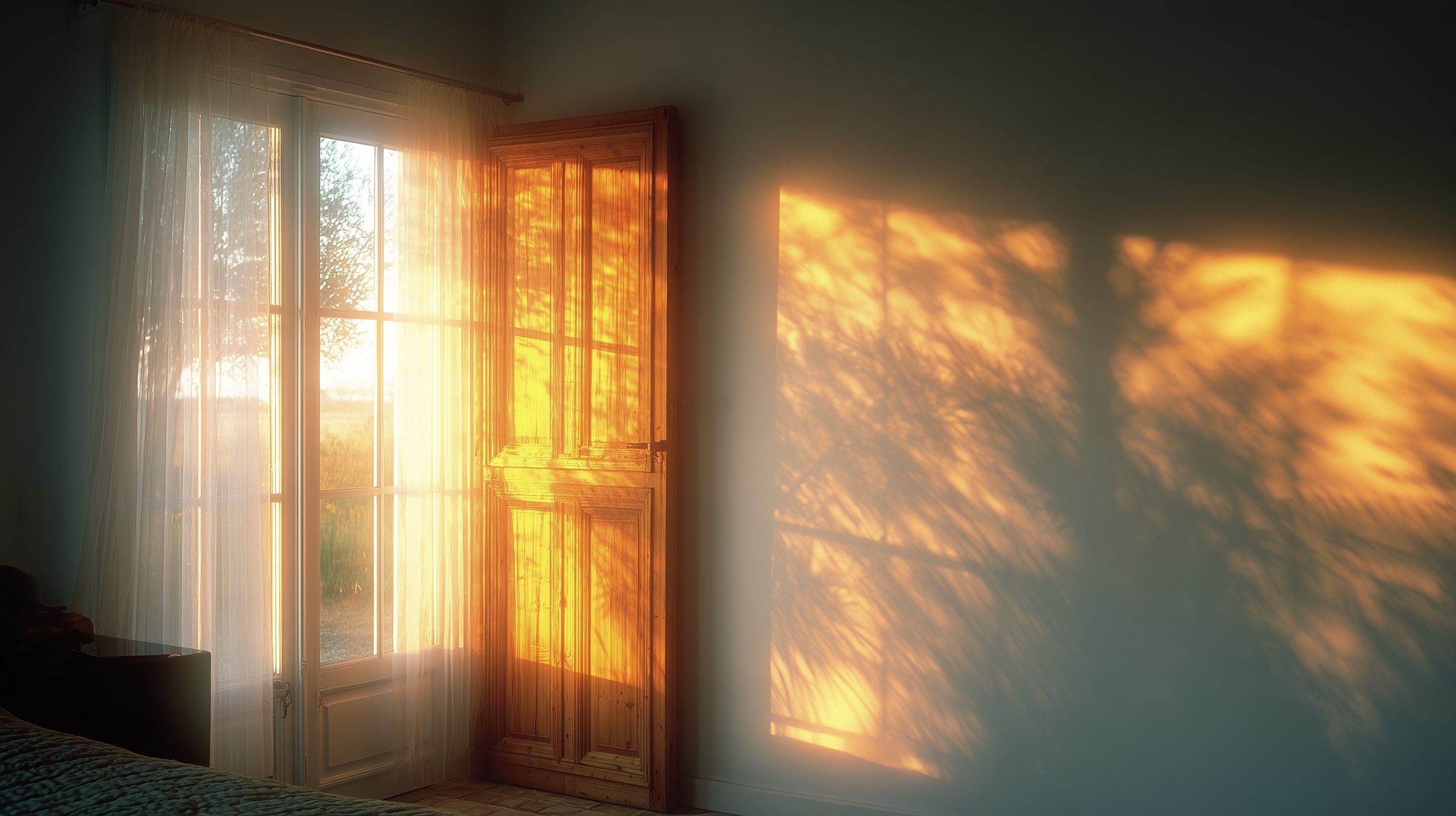 Warm morning light and leaf shadows on a plaster wall beside a door