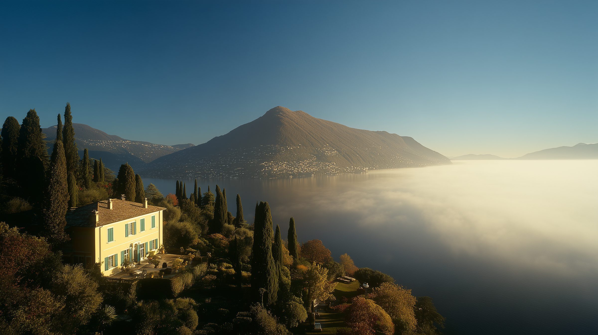 A yellow villa among cypresses above Lake Lugano in the morning mist