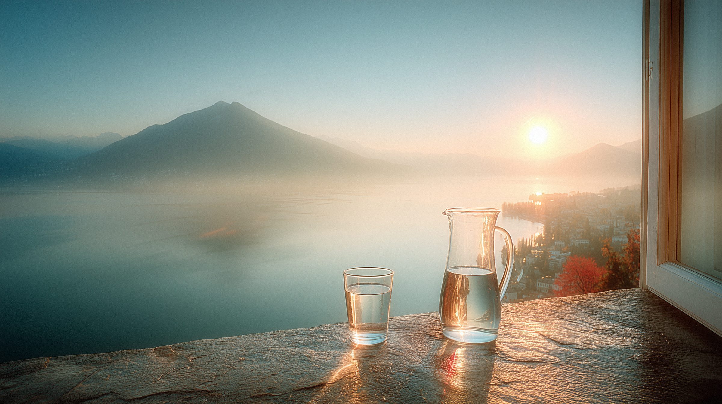 A glass and a carafe of water on a stone ledge above the misty lake