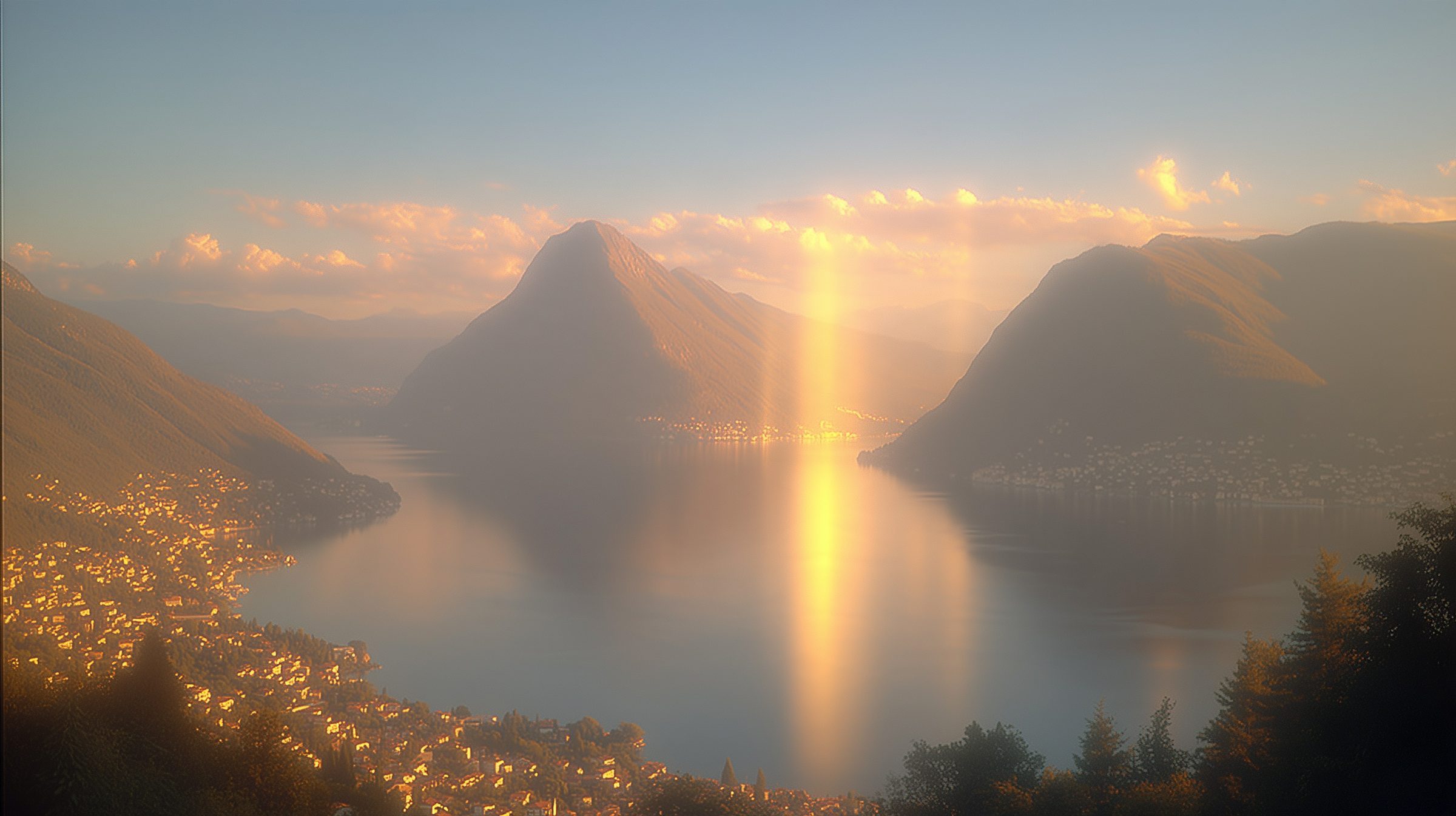 Monte San Salvatore and the lake at first light, the town still lit