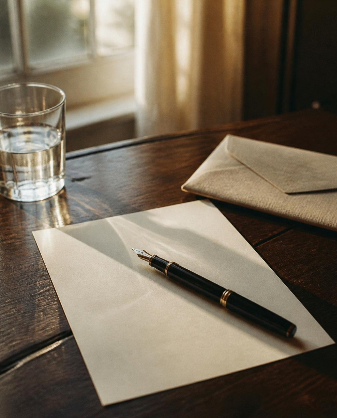 A fountain pen on a sheet of letter paper, on a writing desk by the window at first light
