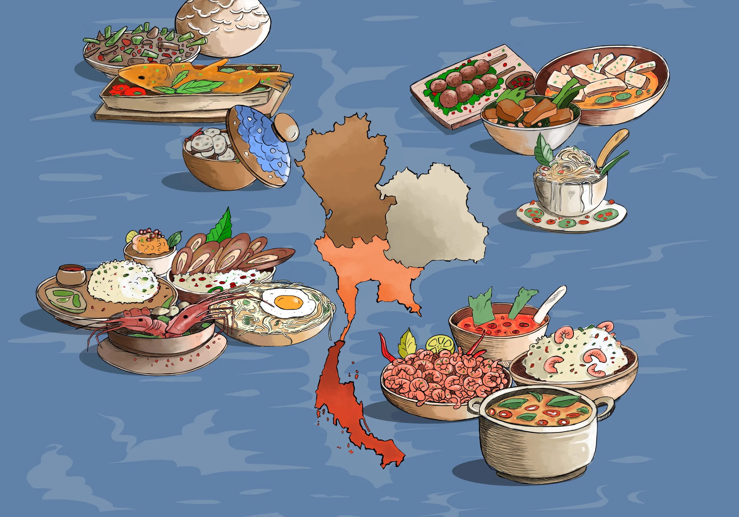 Illustrated map of Thailand's four culinary regions surrounded by their dishes