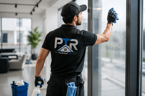 Man in black uniform cleaning a large window with a cloth and spray bottle indoors.