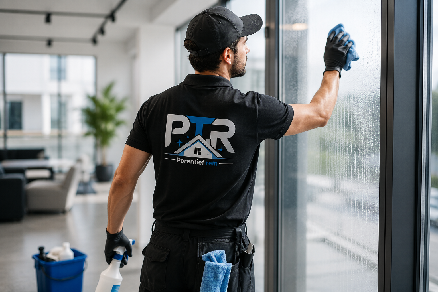 Man in black uniform cleaning a large window with a cloth and spray bottle indoors.
