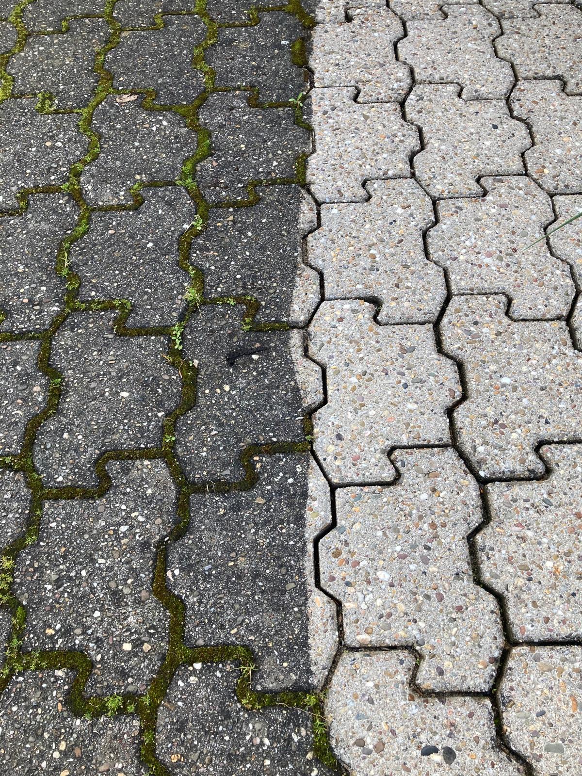Side-by-side paving stones: the left side is dark and mossy, the right side is clean light concrete.