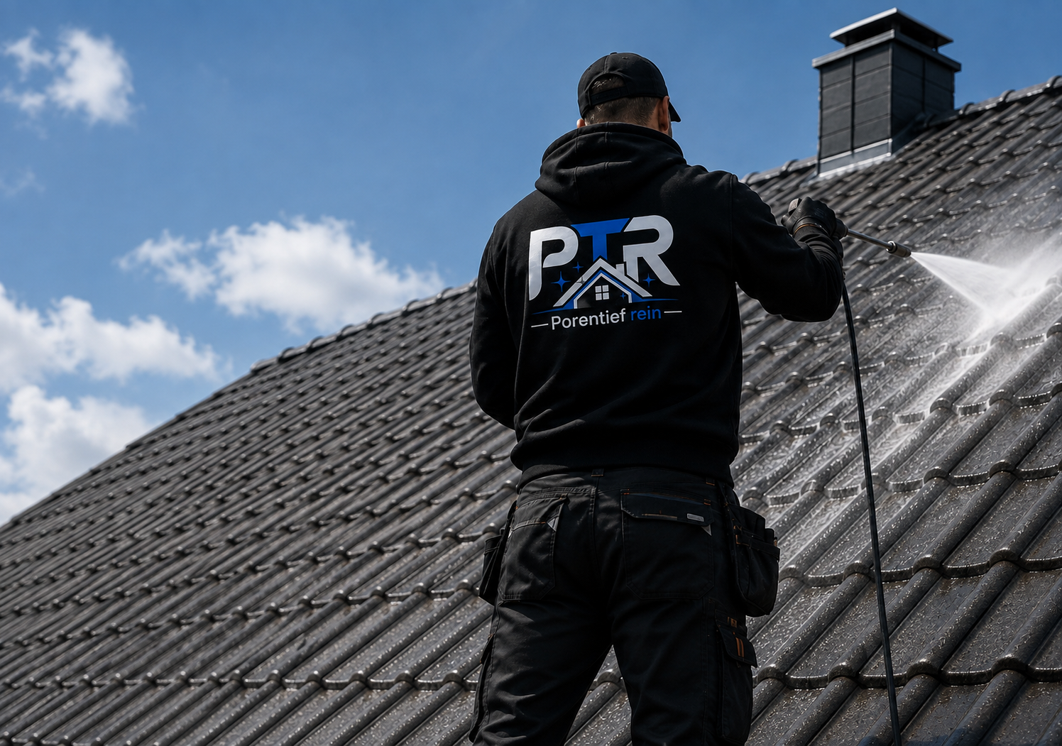 Man in black uniform cleaning a large window with a cloth and spray bottle indoors.