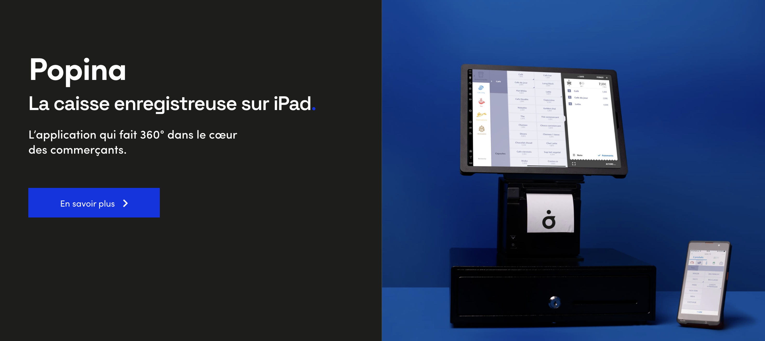 A visual showing Popina logo, it's taglin "la caisse enregistreuse sur iPad" and it's software in use