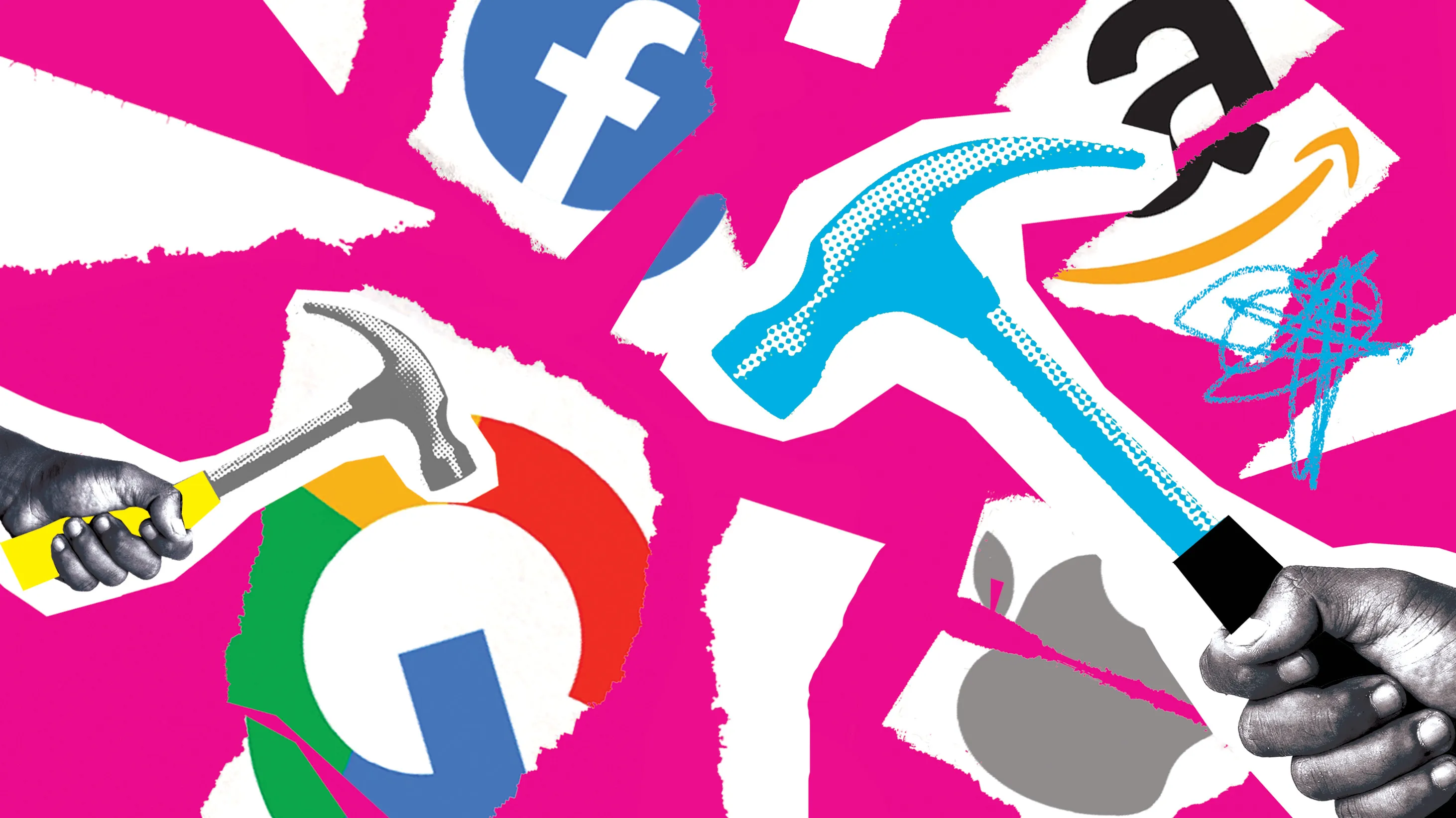 Big Tech logos being struck by hammers