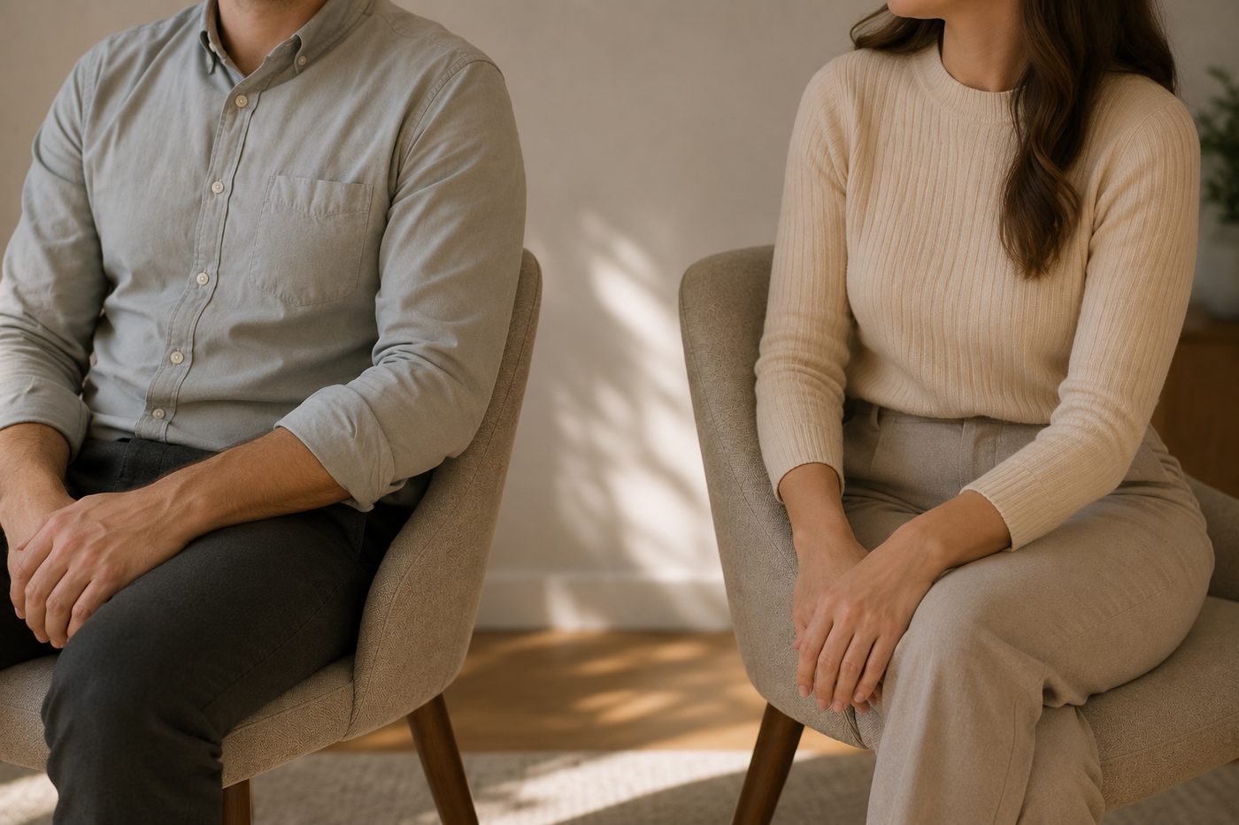 Two parents seated in separate chairs in a calm, sunlit room