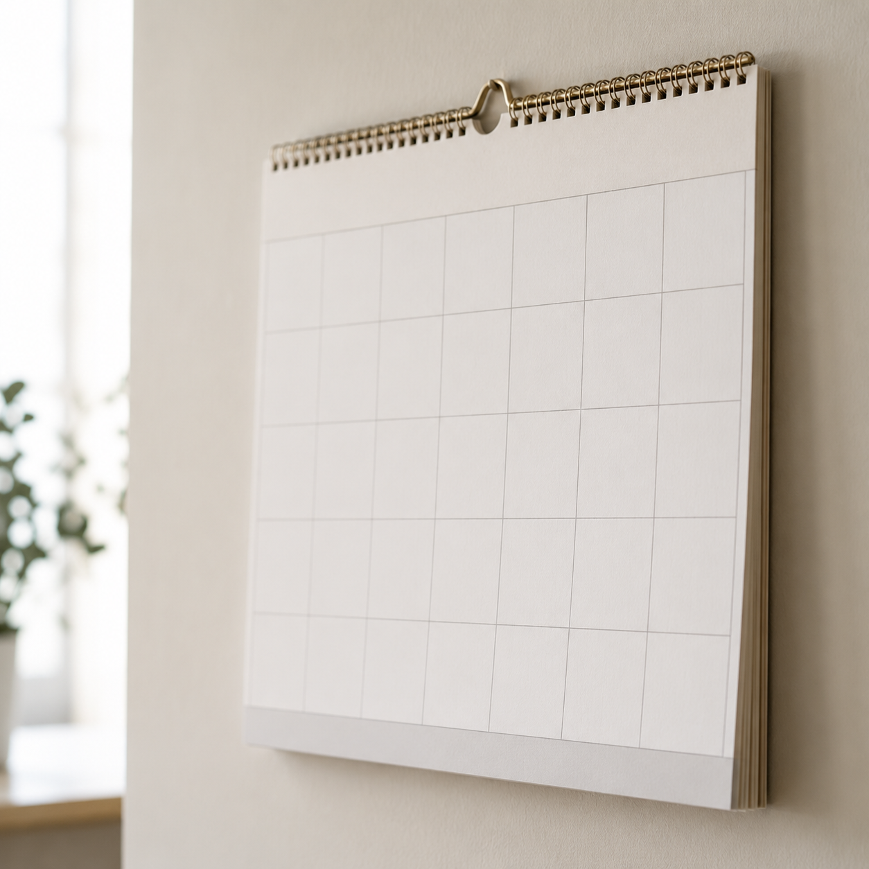 A blank monthly wall calendar hanging on a light wall, ready for a parenting time schedule