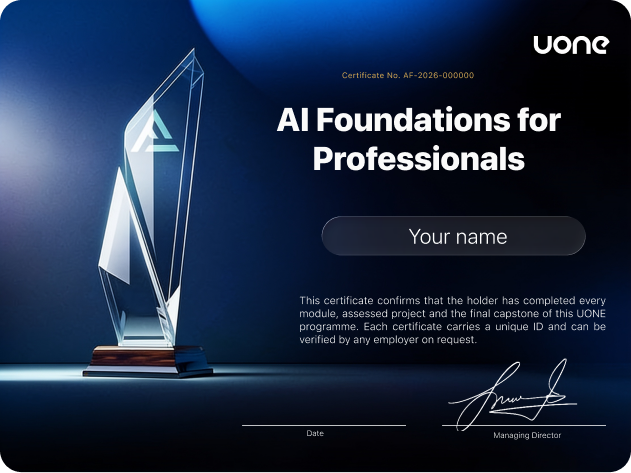UONE certificate of completion for AI Foundations for Professionals