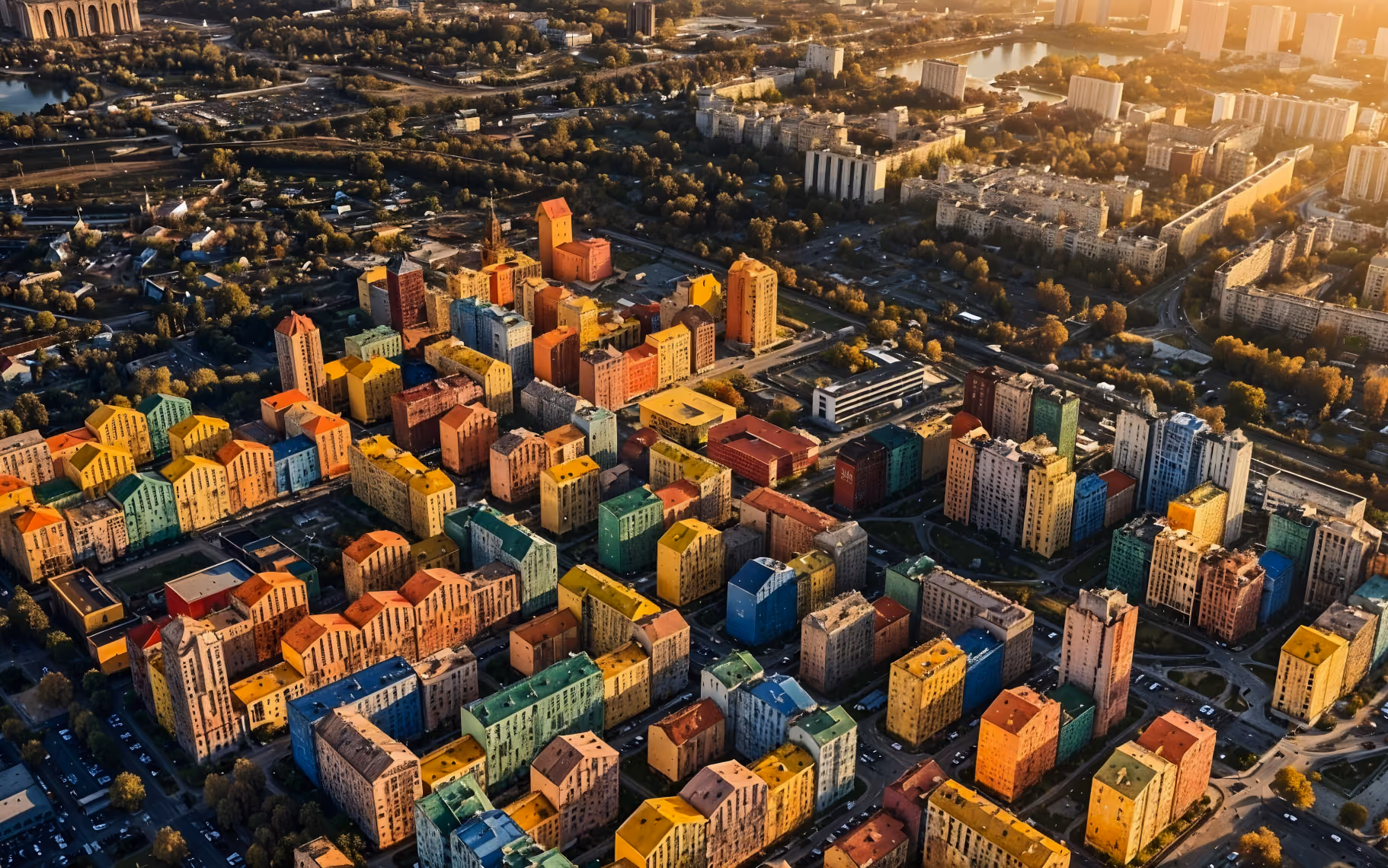 Aerial view of a city district with colorful multi-story apartment buildings in sunset light.