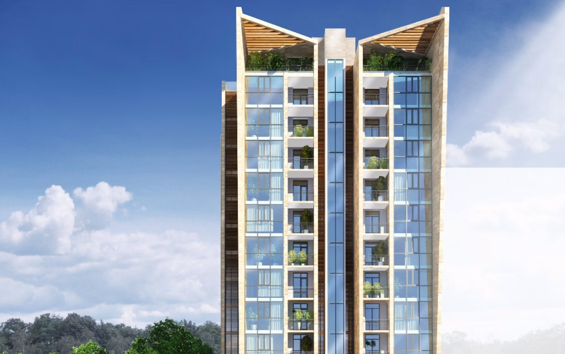 Modern high-rise building with glass balconies and rooftop greenery under a clear blue sky.