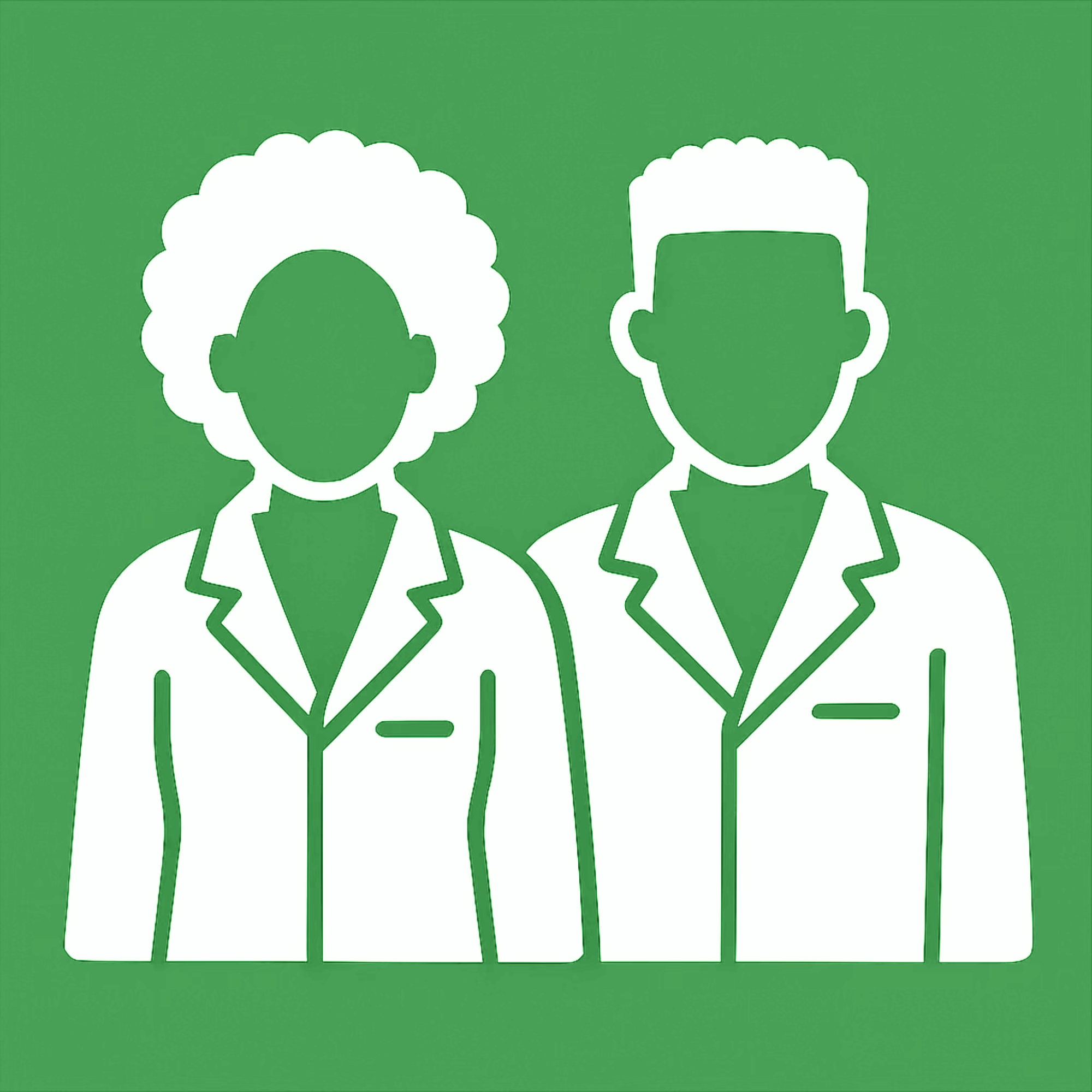 A green and white icon of a male and female scientist in lab coats standing next to each other