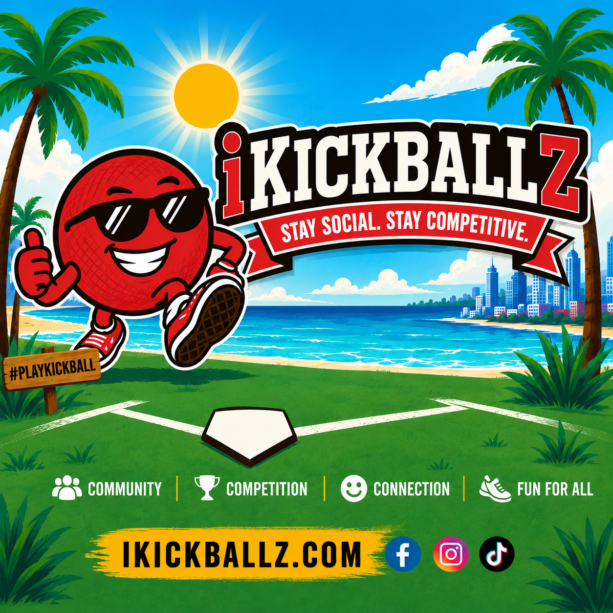 Smiling red kickball character wearing sunglasses near home plate on a sunny beach with city skyline.