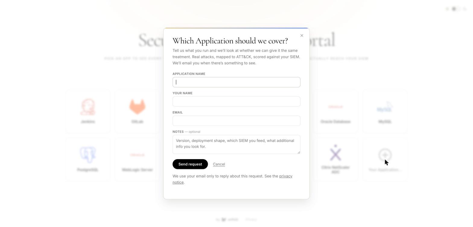 The portal's request form, headed Which Application should we cover, with fields for application name, contact details and deployment notes.