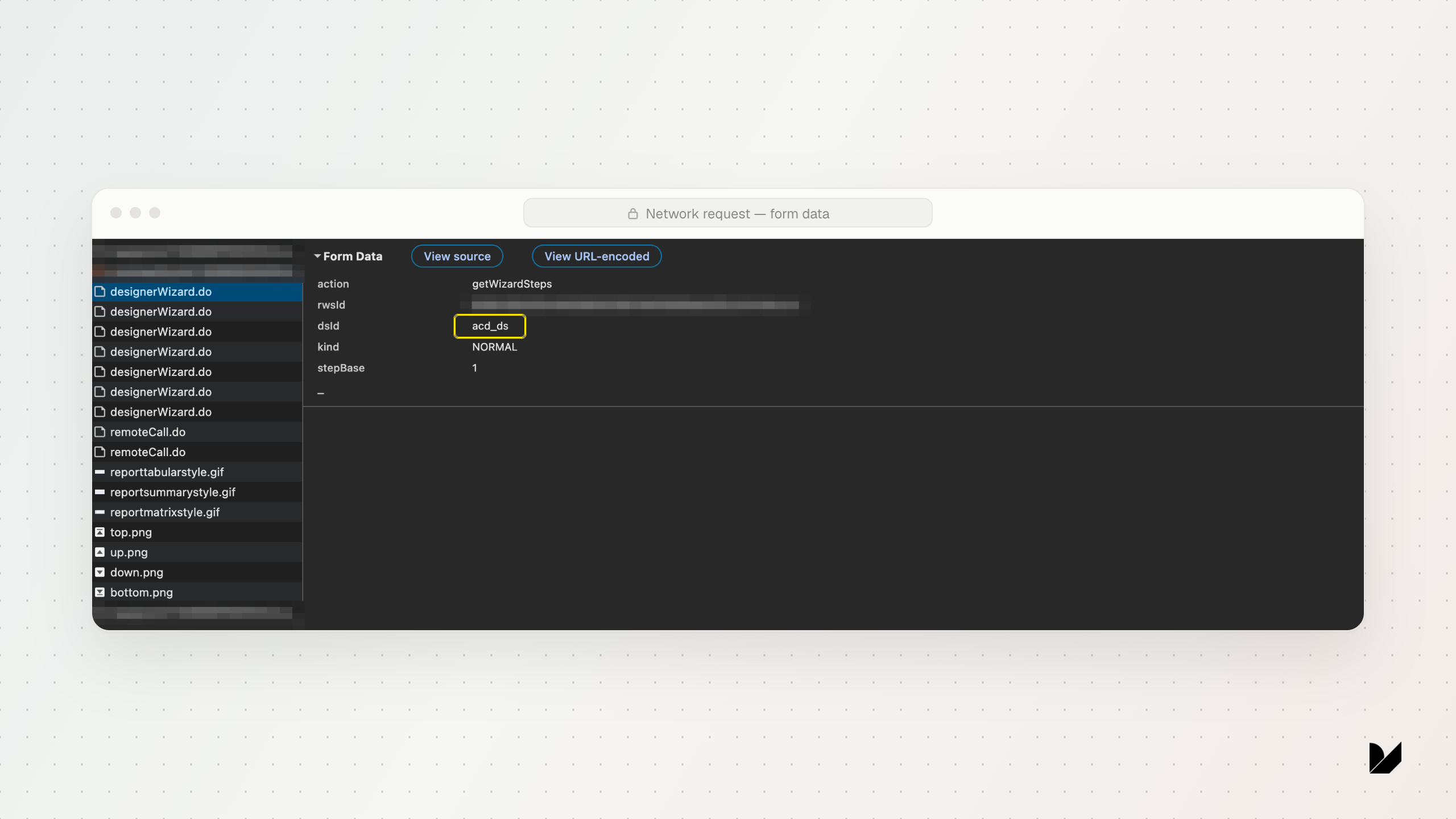 The network request behind the report designer, whose payload identifies the chosen data source.
