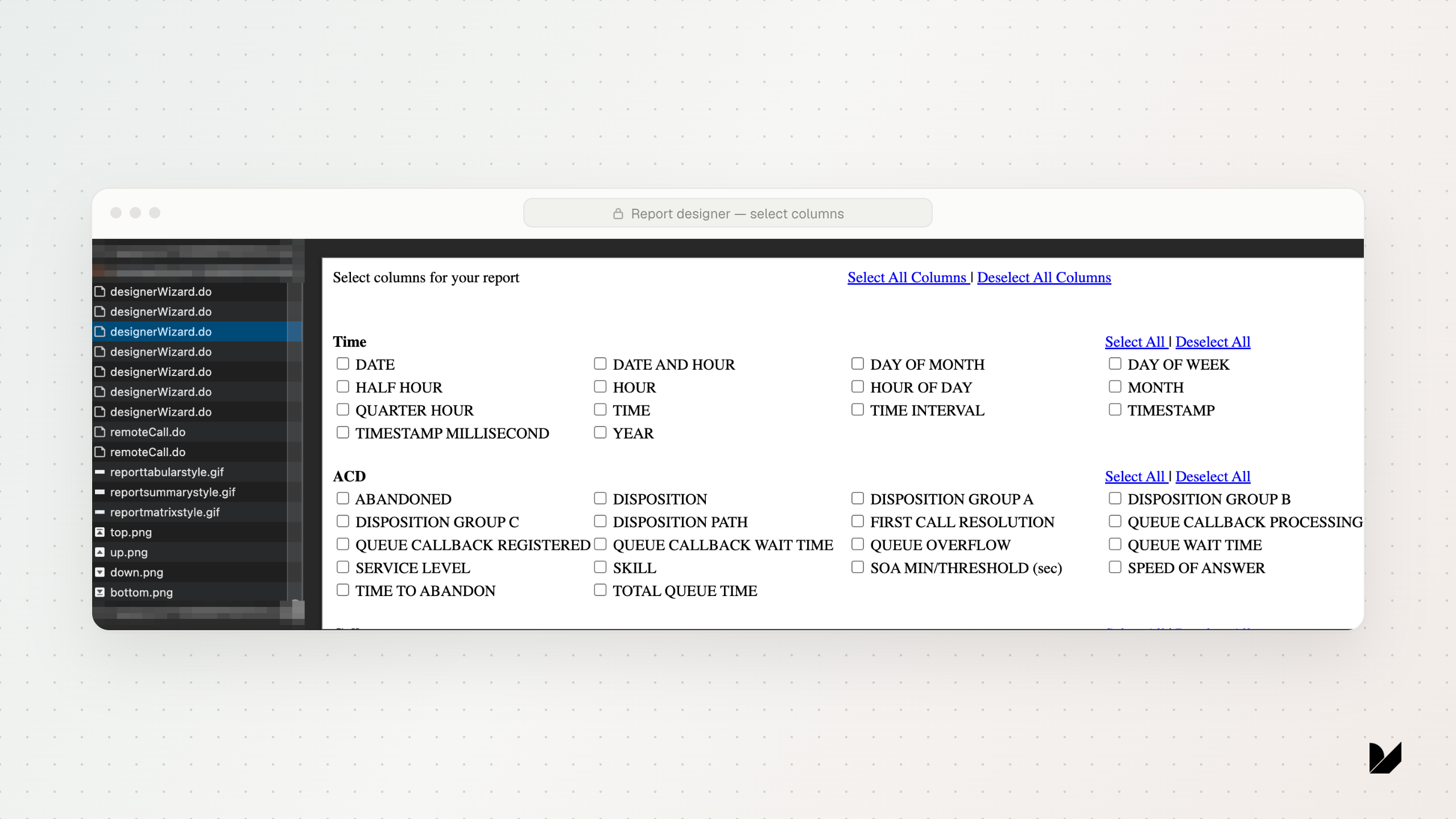 The Columns step of the report designer for one data source, showing about seventy fields loaded at once.