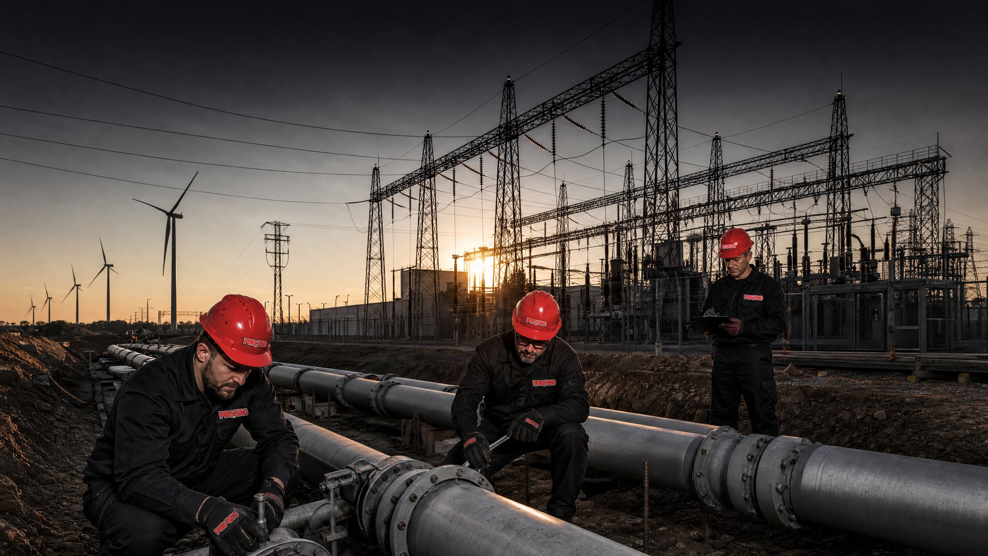 Crew working on a pipeline at a substation