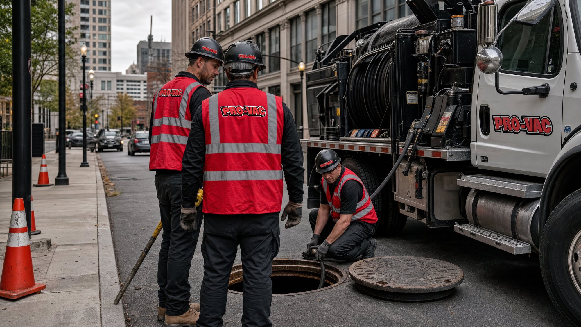 Crew working at a manhole on a city street