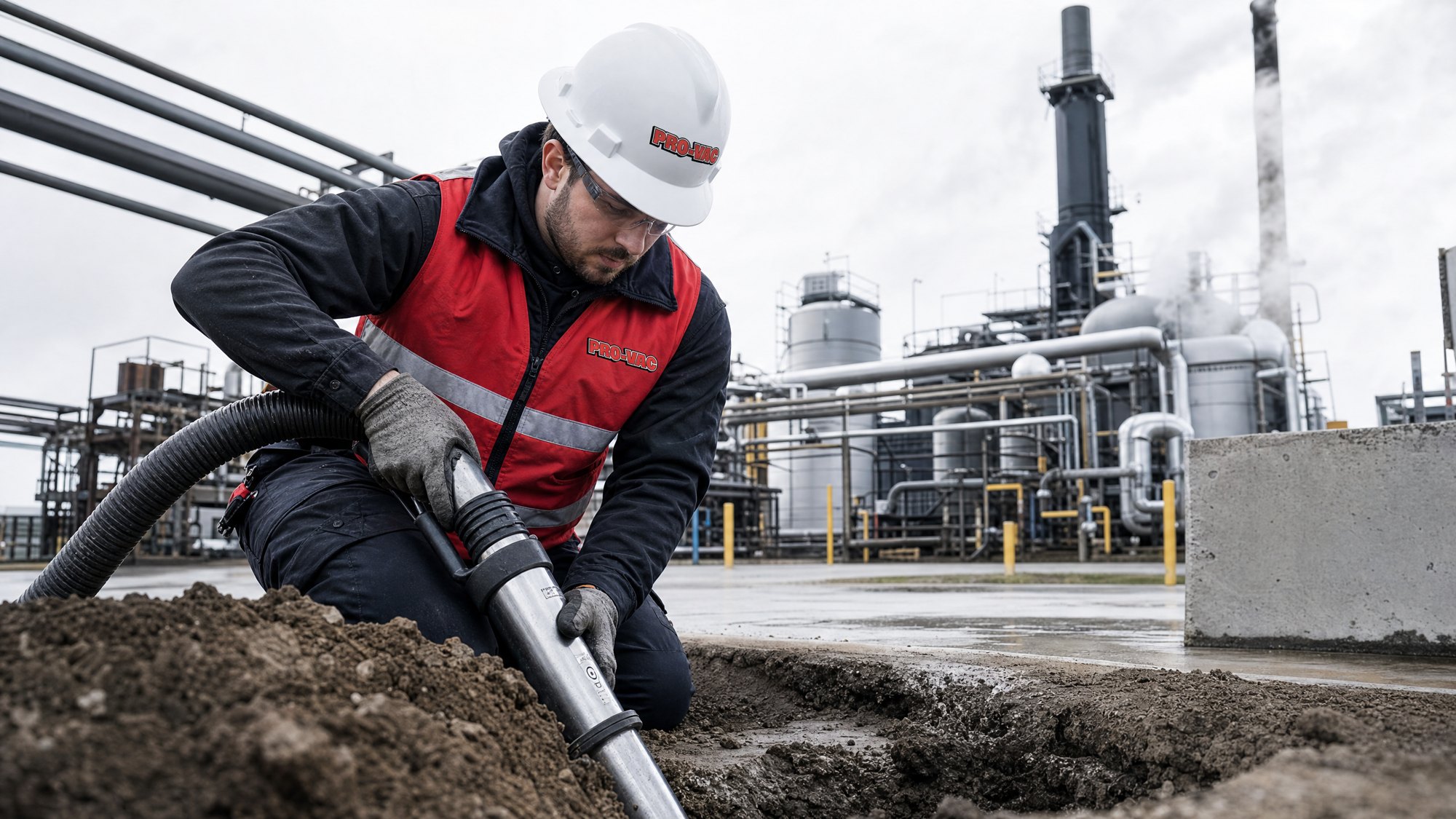 Operator cleaning around equipment at an industrial plant