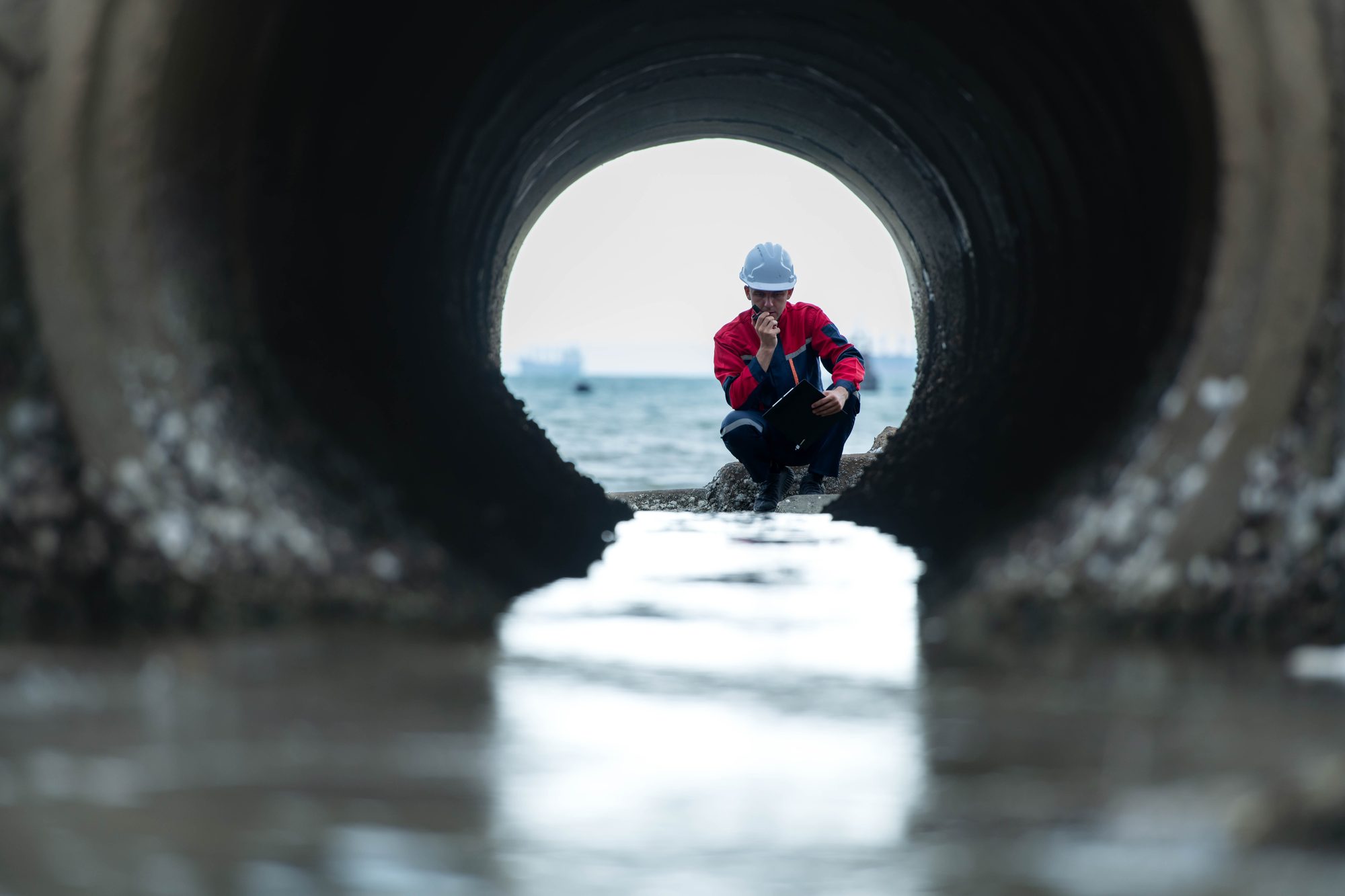 Crew member seen through the end of a culvert pipe