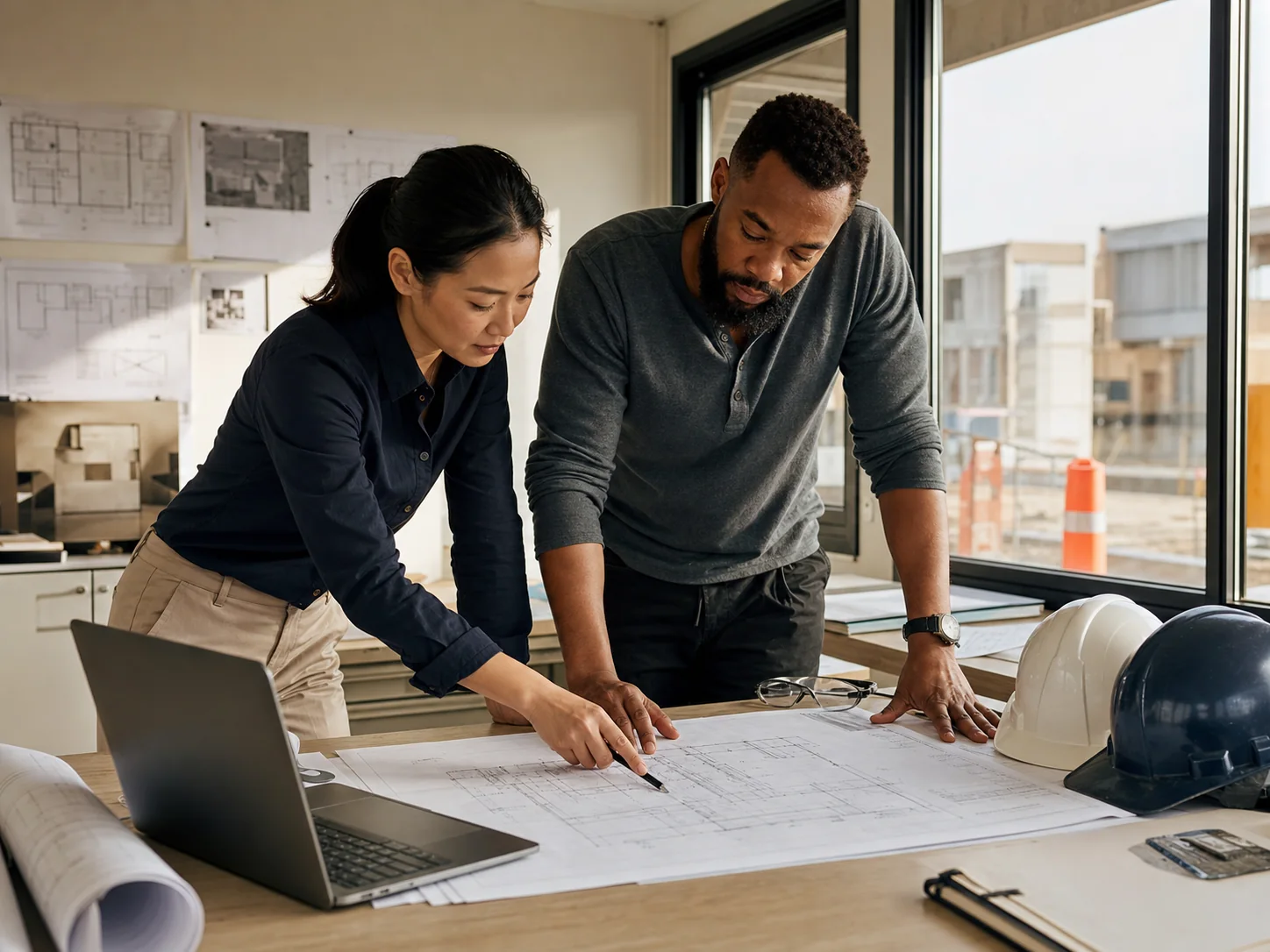 Builder team coordinating a construction plan review