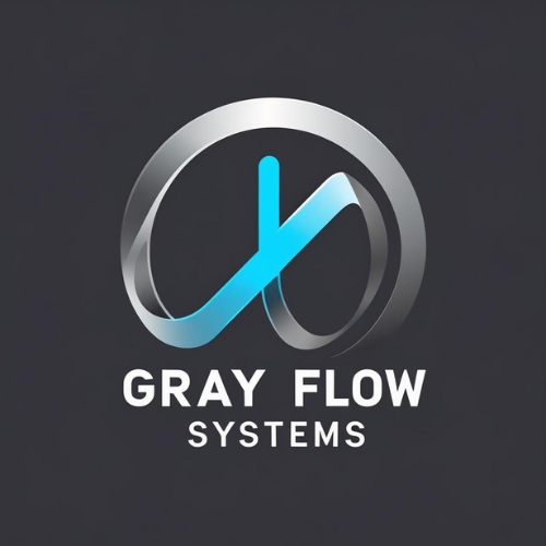 Gray Flow Systems company logo with a stylized silver and blue abstract design on a dark background.