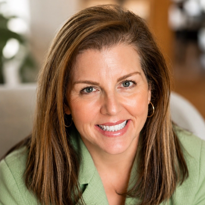 Kristin Moore, founder of Growth Studio, in a sage green blazer, smiling. Catholic school enrollment and advancement coach.